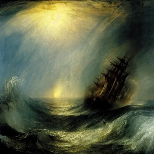 Prompt: frigate attacked by a giant octopus with gigantic tentacles in the waves of an angry ocean, by jmw turner