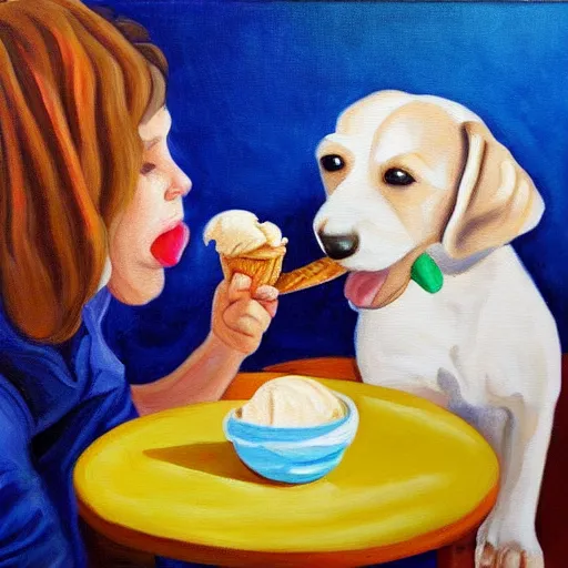 Image similar to painting of a dog eating ice cream