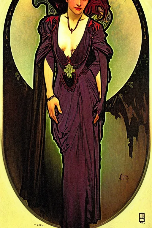 Image similar to full body vampire princess portrait painted by alphonse mucha