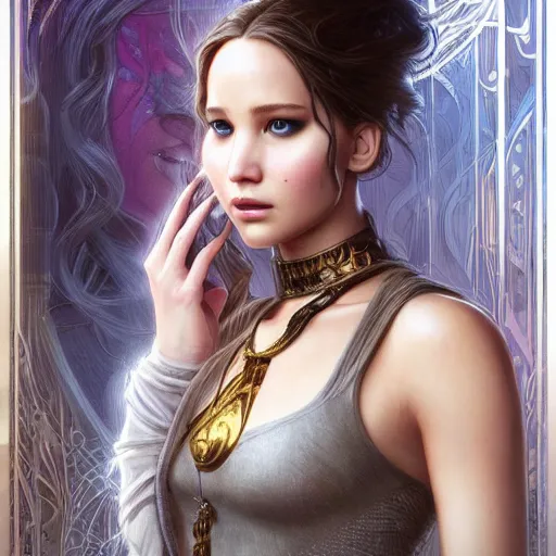 Prompt: beautiful ethereal cyberpunk jennifer lawrence, art nouveau, fantasy, intricate binary and electronic designs, elegant, highly detailed, sharp focus, art by artgerm and greg rutkowski and wlop