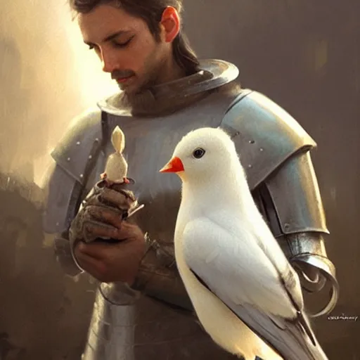 Prompt: a knight holding a small white bird carefully,digital art,ultra realistic,ultra detailed,art by greg rutkowski,cinematic,detailed face