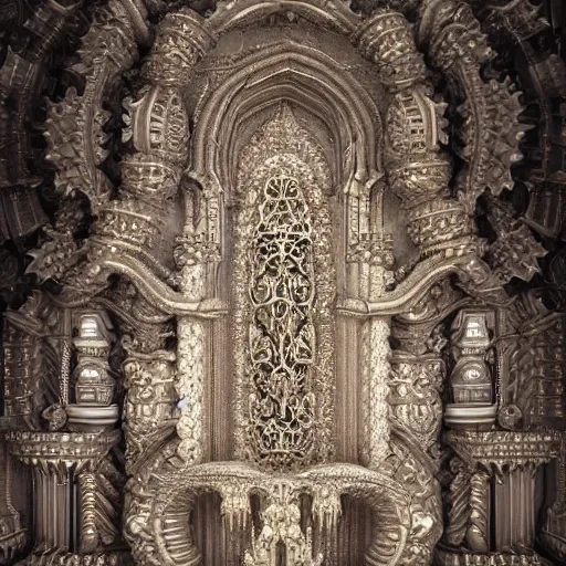 Image similar to a hyperrealistic 3 d render of a delicate ivory sculpture of an ornate detailed cathedral populated by mandelbrot fractals, micro detail, unreal engine, backlit lighting, octane renderer, catholicpunk, colorful, psychedelic, physically based rendering, carved soap, trending on cgsociety