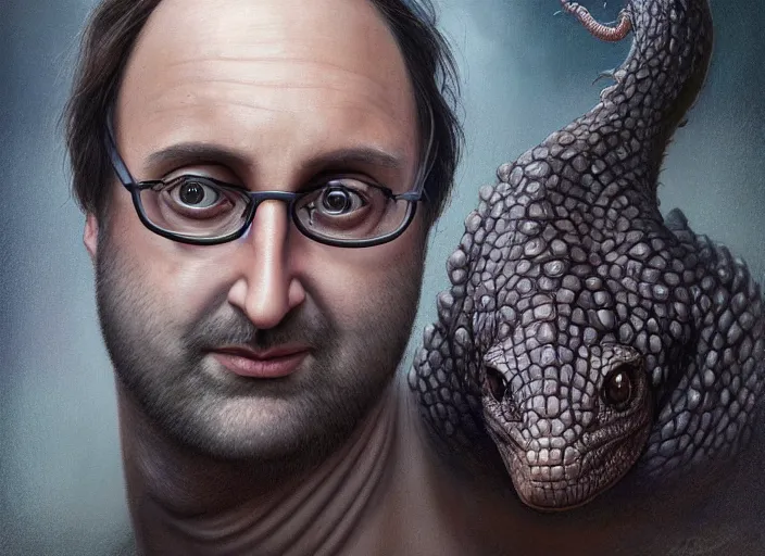 Image similar to eric wareheim with reptile eyes, gray skin. intricate, elegant, highly detailed, centered, digital painting, artstation, concept art, smooth, sharp focus, illustration, artgerm, tomasz alen kopera, peter mohrbacher, donato giancola, joseph christian leyendecker, wlop, frank frazetta