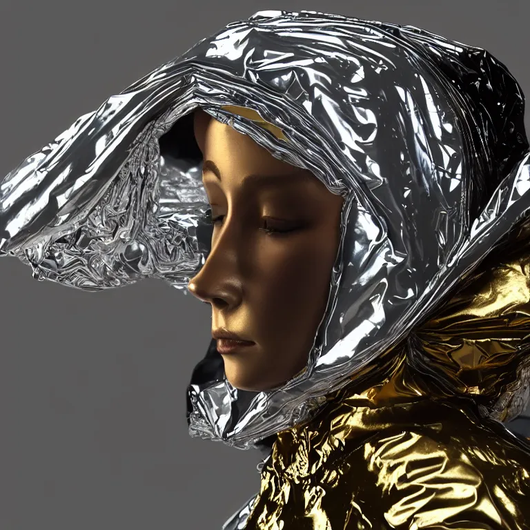 Image similar to octane render portrait by wayne barlow and carlo crivelli and glenn fabry, subject is a woman covered in folded aluminum foil space suit with a colorful metallic space helmet, floating inside a futuristic black and gold space station, cinema 4 d, ray traced lighting, very short depth of field, bokeh