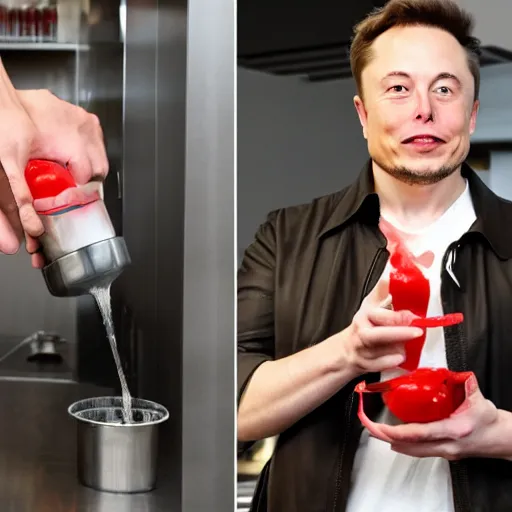 Image similar to elon musk pouring ketchup in a caja - madrid office.