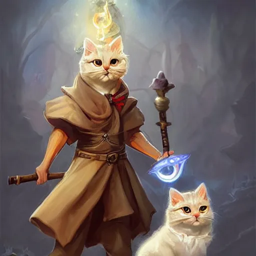 Image similar to cute little anthropomorphic Maltese Terrier and tabby cat, wielding a magic staff, tiny, small, short, Wizard robe, cute and adorable, pretty, beautiful, DnD character art portrait, matte fantasy painting, DeviantArt Artstation, by Jason Felix by Steve Argyle by Tyler Jacobson by Peter Mohrbacher, cinema