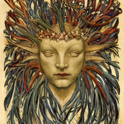 Image similar to closeup of a facemask made of flowers, by annie swynnerton and jean delville and edward hopper and evelyn de morgan and rufino tamayo, dark flower shaman, art brut, outsider art, symbolist, dramatic lighting, god rays, elaborate geometric ornament, clean crisp graphics, smooth sharp focus, extremely detailed, adolf wolfli