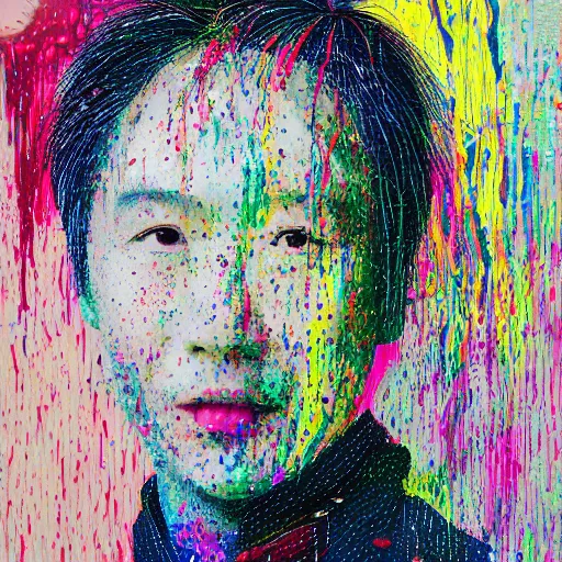 Image similar to a portrait of byron li composed of flecks of paint lush & immense density long strands of drips in all directions splatters of mixed pigments with solid color inside.