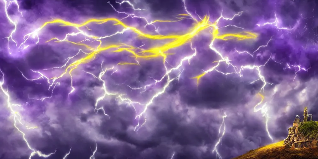 Prompt: a purple wizard casting spells and yellow thunders hdri dramatic sky with intricated spells and stormcloud glimpses of flares and beams airbrush tones