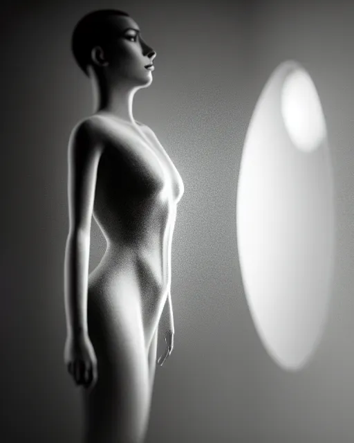 Image similar to black and white high quality photo of a beautiful female vegetal-cyborg looking into a sci-fi mirror, volumetric lighting, brutalism, foggy, dreamy, hyperdetailed, bokeh, photorealistic, cinematic, masterpiece, elegant, dark, by Man Ray in the style of Horst P. Horst, octane render, 8K,