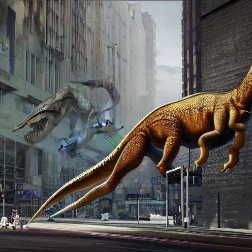 Image similar to The transition into the real world of a dinosaur that is emerging out of an street art wall onto a busy street, drawn dinosaur on the wall, hyperdetailed, unreal engine, octane render