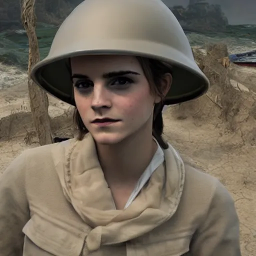 Image similar to footage of emma watson in d - day, unreal engine 5 highly rendered, radiant light, detailed and intricate environment, wide angle, cinematic lighting