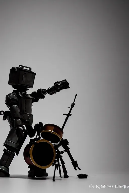 Image similar to a cinematic photo shot of a beautiful 1 : 6 scale threea toys figurine by ashley wood, world war one robot playing drums and electric guitar, black background, museum light, dark mood