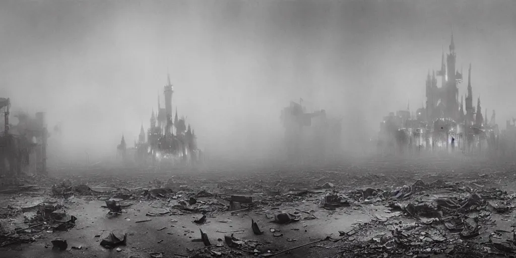 Prompt: a melancholic post-apocalyptic Disneyland, destroyed by nuclear bomb, mutants creatures swarming, atmosphere of silent hill, fog, Mark Rothko, Gerhard Richter, Marlene Dumas, Adrian Ghenie