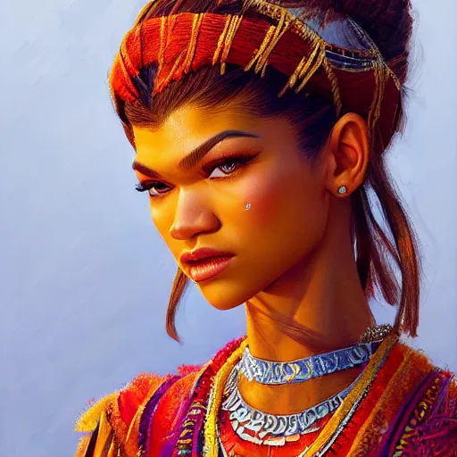 Prompt: a studio portrait of zendaya as Assamese mekhela wearing bihu dancer, by Stanley Artgerm Lau, WLOP, Rossdraws, James Jean, Andrei Riabovitchev, Marc Simonetti, Yoshitaka Amano, ArtStation, CGSociety, Full body shot