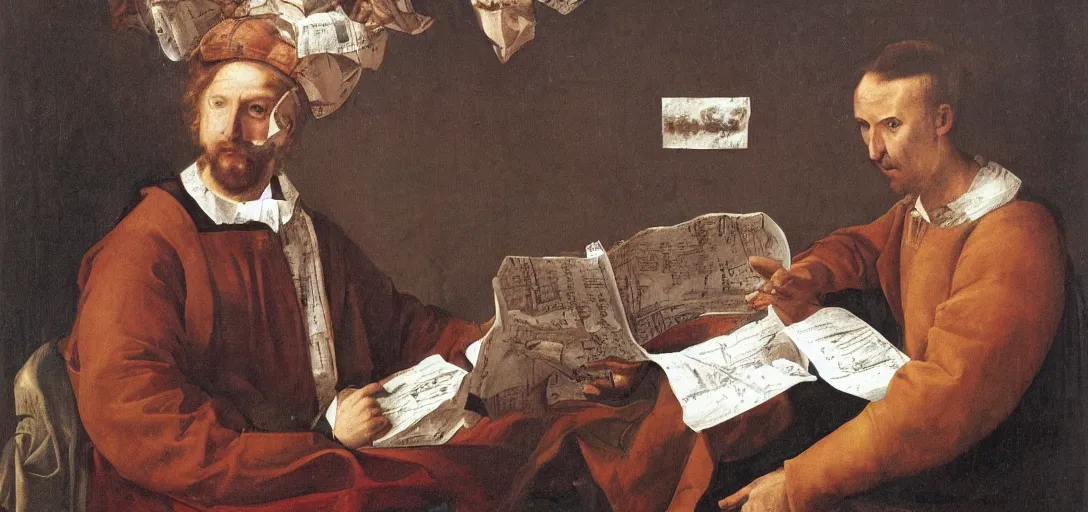 Image similar to Renaissance oil portrait of a man studying a soccer team sheet and tactics board, a soccer ball falling on his head, high-quality realistic oil painting with detailed strokes, robed Renaissance scholar,