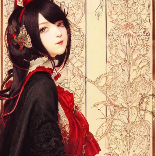 Image similar to a beautiful portrait of hatsune miku with long black and deep red colored hair dressed as a 1 6 th century european noblewoman, intricate, elegant, highly detailed, digital painting, artstation, concept art, matte, sharp focus, illustration, art by greg rutkowski and alphonse mucha