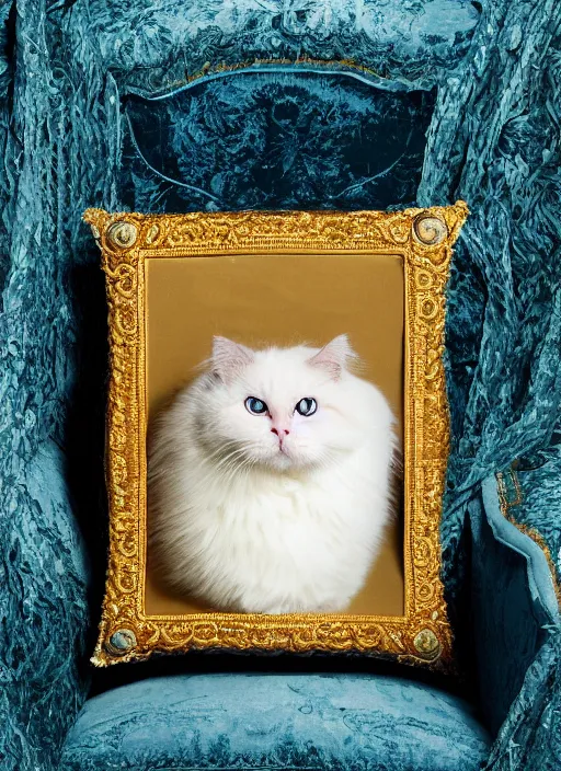 Image similar to a magnificent portrait of a cross - eyed cute fluffy fat cat on a precious embroidered velvet cushion on a neo - rococo gilded little bed with precious stones, ball of yarns all around, by pierre et gilles, photorealistic, canon r 3, photography, wide shot, symmetrical features, symmetrical pose, wide angle shot, standing pose, feet on the ground