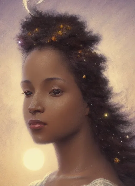 Image similar to oil painting close up portrait of a contemplative young black woman with long flowing hair in a dress made of nebular stardust galaxies, with white roses at sunset, hazy, digital art, chiaroscuro, artstation, cinematic, golden hour, concept art, digital art painting by greg rutkowski, william - adolphe bouguereau, hazy atmosphere, cinematic lighting