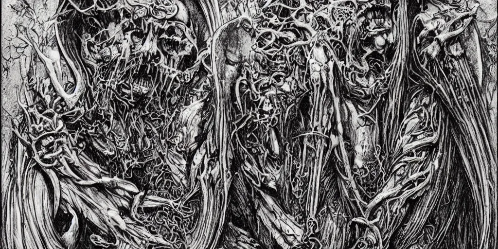 Image similar to Darkthrone themed drawing of unholy darkness black metal logo concept, intricate artwork by Christophe Szpajdel, H.R. Giger, Johnatan Wayshak, Zdizslaw Beksinski, Ayami Kojima, Amano, Karol Bak, Moebius, and Mark Brooks, Neo-Gothic, gothic, rich deep colors, art by Takato Yamamoto, masterpiece, face by Artgerm, very coherent artwork, cinematic, hyper realism, high detail, octane render, unreal engine, 8k, High contrast, golden ratio, trending on cgsociety