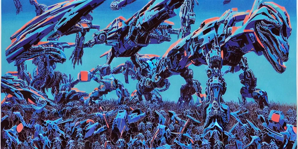 Image similar to risograph rendition of extremely - detailed black gigantic evangelion - like dinosaur mecha with a lot of blue children heads on it, ominous, intricate complexity, dramatic, epic composition, atmospheric, painting by moebius