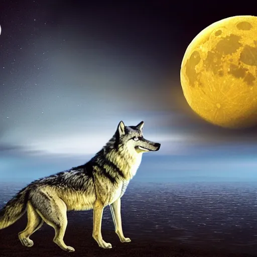 Prompt: photoshop of wolf with reptile scales instead of fur, a crocodile tail replacing the wolve's tail, photorealistic, yellowish moon overlooking misty swamp