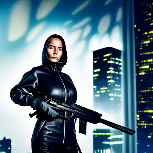 Image similar to photographic portrait of a techwear woman holding a shotgun, holding shotgun down, closeup, on the rooftop of a futuristic city at night, sigma 85mm f/1.4, 4k, depth of field, high resolution, full color, award winning photography, Kill Bill, John Wick, Die Hard, movies with guns, movie firearms