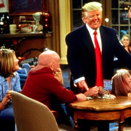 Image similar to donald trump has a guest role in friends, movie still, nineties, comedy, laughing