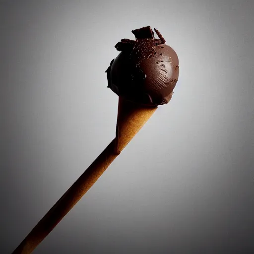 Image similar to detailed, textured photograph of a levitating chocolate ice cream cone with huge, hairy spider legs at the bottom. dramatic light.