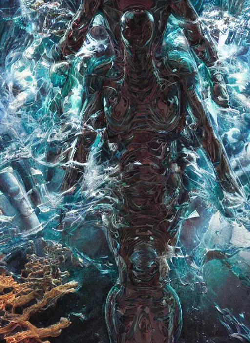Image similar to transparent astronauts in dark underwater void - complex and hyperdetailed suit. reflection and dispersion materials. rays and dispersion of light. glowing lights. volumetric light. f / 3 2. noise film photo. flash photography. ultra realistic, wide angle. poster by wayne barlowe, hajime sorayama aaron horkey, craig mullins