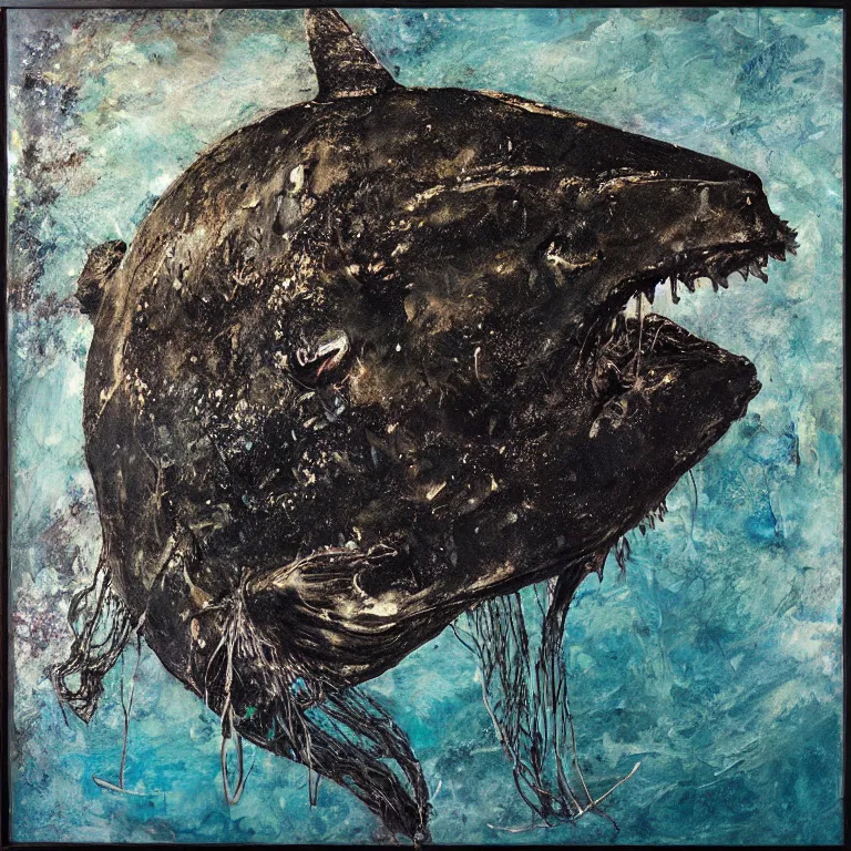 Prompt: Hyperrealistic Studio wet collodion Photograph of a deep sea humpback anglerfish deep underwater in darkness, award-winning nature deep sea expressionistic impasto oil painting by Cy Twombly and Tim Hawkinson vivid colors hyperrealism 8k