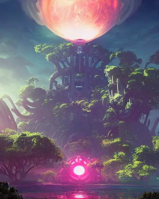 Image similar to alien temple, beautiful landscape, nier automata, protoss!!!!, machine planet, mothership in the sky, pink sun, tropical forest, colorful light, advanced technology, cinematic lighting, highly detailed, masterpiece, art by bastien grivet and darwin cellis and jan urschel