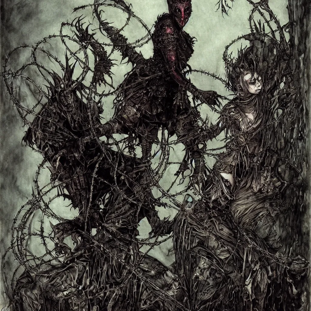 Prompt: a creepy armored horned fanged ballerina with black scarred skin wrapped in barbed wire. extremely high detail, realistic, fantasy art, solo, masterpiece, saturated colors, art by arthur rackham, dariusz zawadzki. black metal cover art