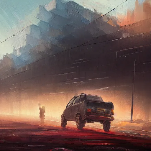 Prompt: post apocalyptic wasteland, smooth, dreary, oil painting, beautifully detailed, trending on artstation, by alena aenami