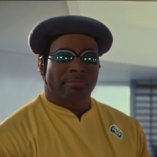 Image similar to Geordi LaForge wearing visor and a colander and random kitchen tools on his head