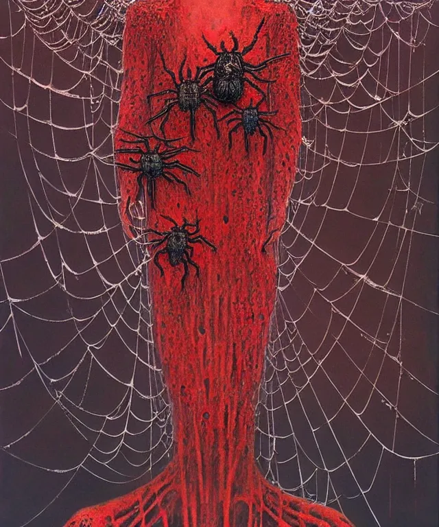 Image similar to a woman standing all covered in spiders, incredible number of spiders. extremely high details, many spider eyes, realistic, horror, creepy, web, masterpiece, art by hermann nitsch, zdzislaw beksinski, dariusz zawadzki, giger, dragan bibin, ed binkley