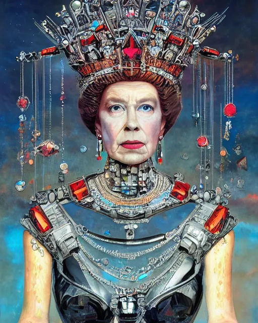 Prompt: portrait of a cyborg queen elizabeth, shattered glass, regal jewellery, crown, cinematic light, backlight, red sky blue, mist, clouds, by mikhail vrubel, by philippe druillet, by wlop, by peter elson, by gerald brom, muted colors, ( extreme detail ), trending on artstation, 8 k