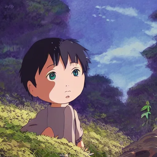 Prompt: friendly guy and small creature , with Fragile looking character portrait face made in Studio Ghibli artstyle ,highly detailed art, beautiful scene, sharp focus, smooth, 8k, anime art