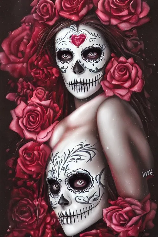 Prompt: illustration of a sugar skull day of the dead girl, art by lise deharme