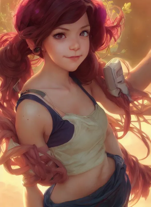 Image similar to annie from league of legends, half body shot, path traced, octane render, highly detailed, high quality, digital painting, hd, lilia alvarado, shinji aramaki and makoto shinkai, karol bak and artgerm, alphonse mucha, tom bagshaw