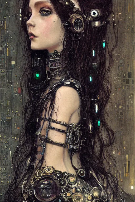 Image similar to portrait of beautiful young gothic maiden, cyberpunk, Warhammer, highly detailed, artstation, illustration, art by Gustav Klimt