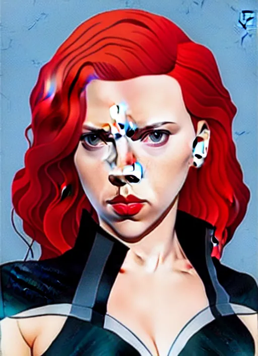 Image similar to phil noto, pretty scarlett johansson black widow, symmetrical eyes, long red hair, full body, city rooftop