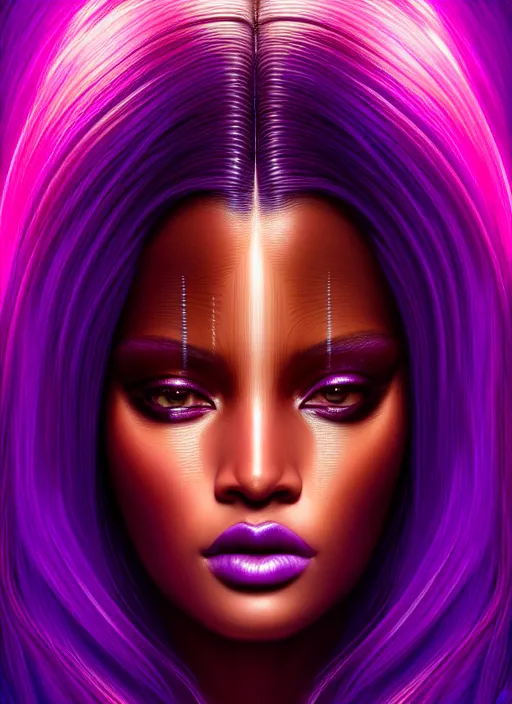 Image similar to portrait of amazon, intricate, ultra violet highlights, neon, brown skin, sharp focus, octane render, detailed, beautiful, unreal engine, symmetrical!!, loreal, maybelline, sephora, loreal, artstation, art by karol bak, art by artgerm, rossdraws, cinematic, concept art, filmic, vsco