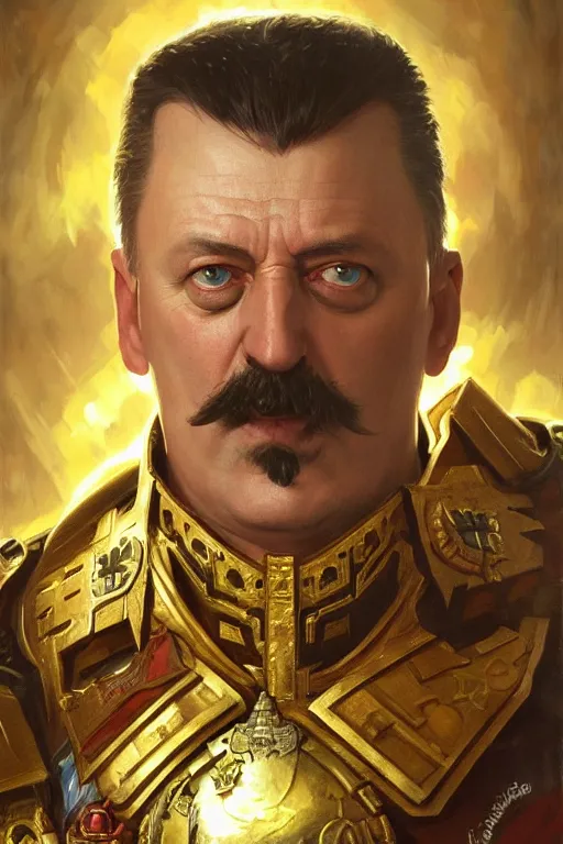 Image similar to igor ivanovich strelkov as warhammer 4 0 k emperor, realistic portrait, symmetrical, highly detailed, digital painting, artstation, concept art, smooth, sharp focus, illustration, cinematic lighting, art by artgerm and greg rutkowski and alphonse mucha