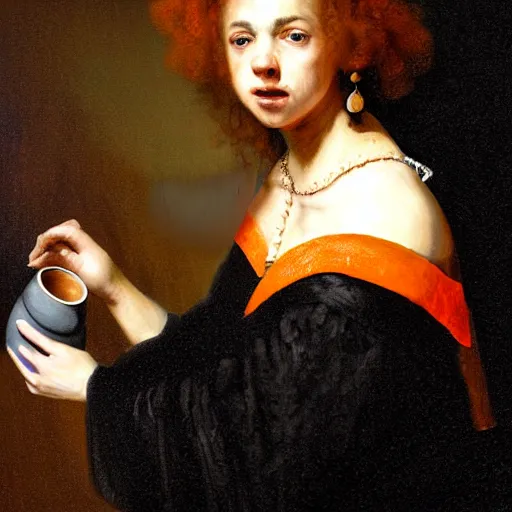 Prompt: painting in style of rembrandt, very young, demon of coffee, the extremely hot and sexy, shiny black dress, long red hair, freckles, orange halo around her head, black wings, huge cup of coffee