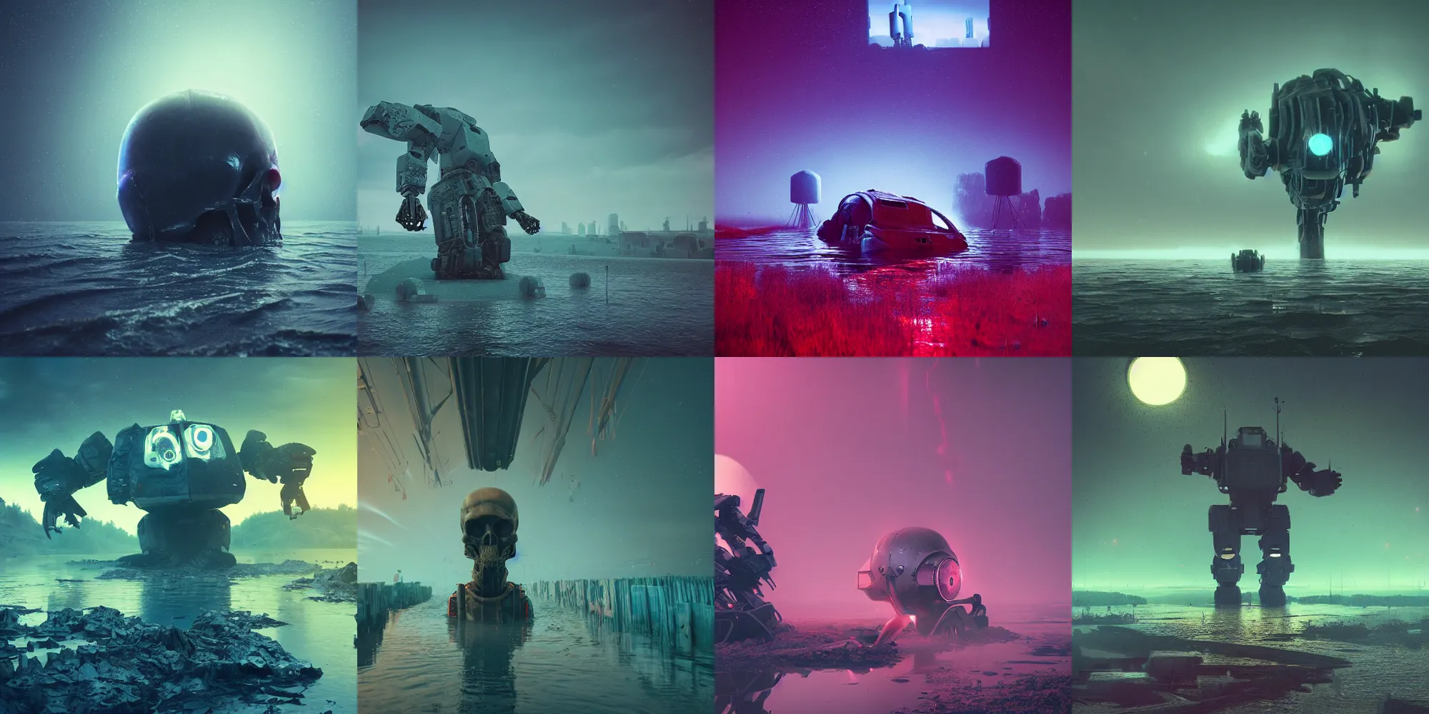 Prompt: beautiful dark bloody flooded landscape, giant robot with human skull, in the style of beeple and Mike Winkelmann, photo real, ultra realistic, intricate, epic lighting, 8k resolution, unreal engine 5, ultraviolet colors,