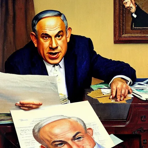 Prompt: painting of benjamin netanyahu sitting in a dark room answering fan mail, stressed expression, by norman rockwell