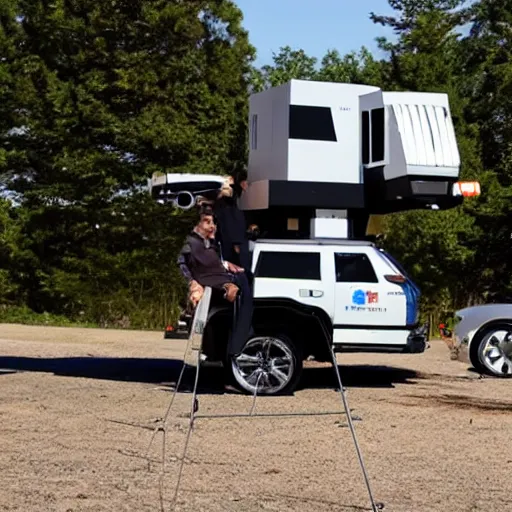 Prompt: Autonomous moving tavern on stilts