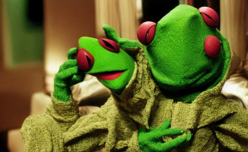 Image similar to silence of the lambs but it's kermit the frog