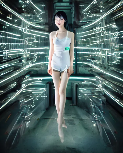 Prompt: beautiful centered photo of korean girl as a solarpunk cyborg with white mechanical parts and implanted bright neon lamps, treading above calm water, ultra - realistic and detailed, sun lit, white background, bokeh, soft focus, slow exposure hdr 8 k